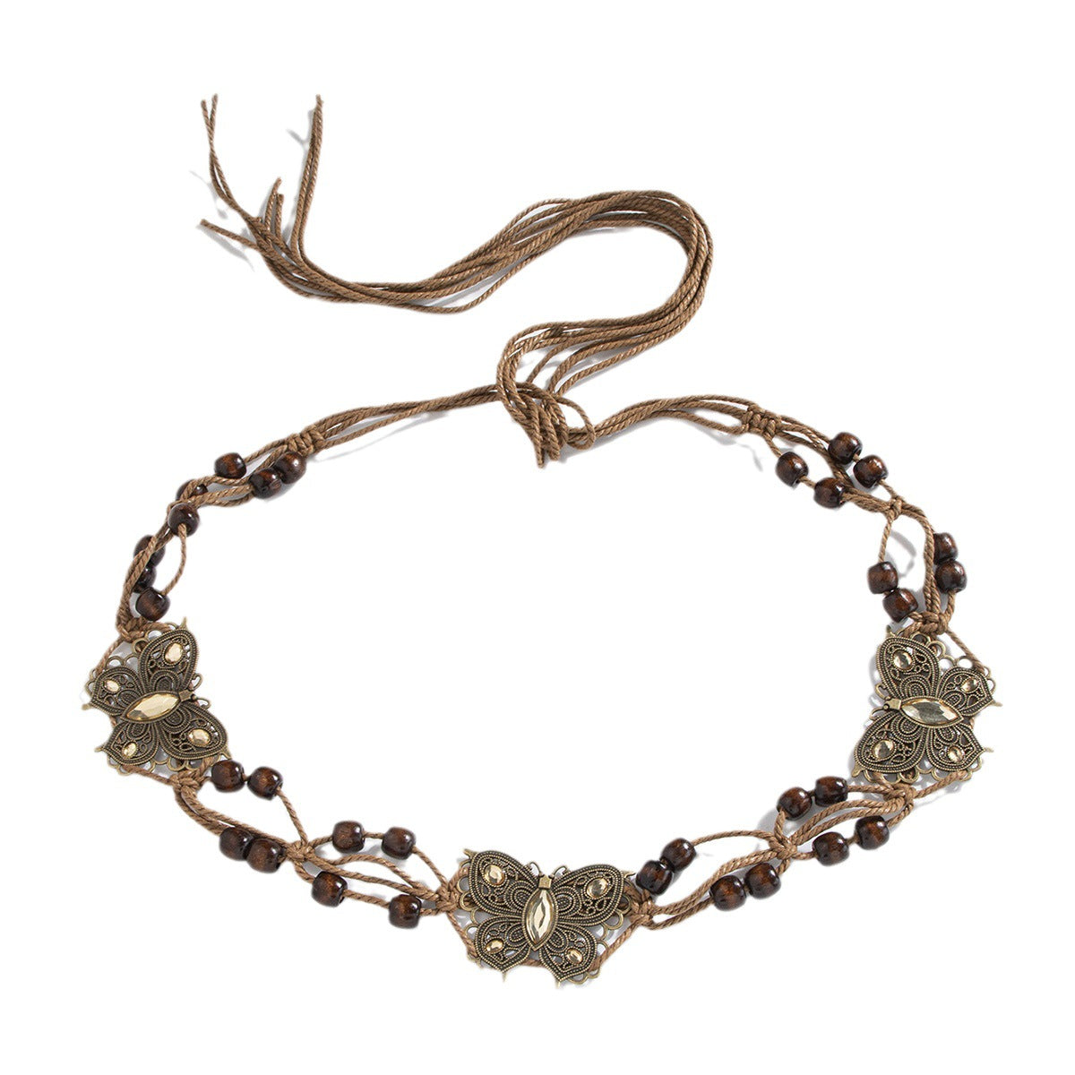 Wholesale Bohemian Butterfly Rhinestone Braided Handmade Wooden Bead Belt